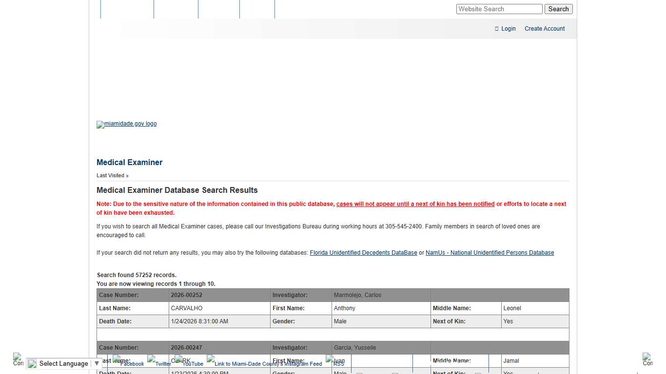 Miami-Dade County - Medical Examiner - Medical Examiner Database Search Results